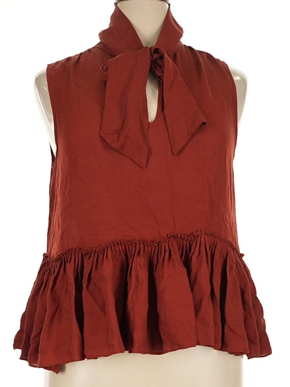 Frame silk pleated peplum tie neck silk sleeveless top in 'burnt henna' maroon